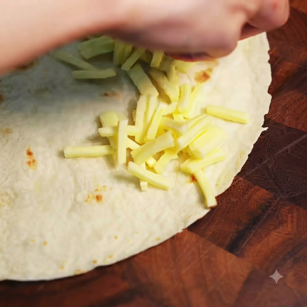 Formaggio mozzarella grattugiato sparso su una metà di una tortilla di grano tonda appoggiata su un tagliere di legno.