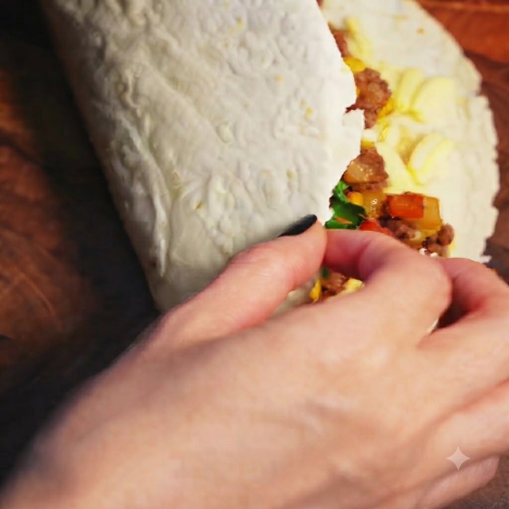Una tortilla di grano piegata a metà sopra un ripieno di manzo, formaggio e verdure.