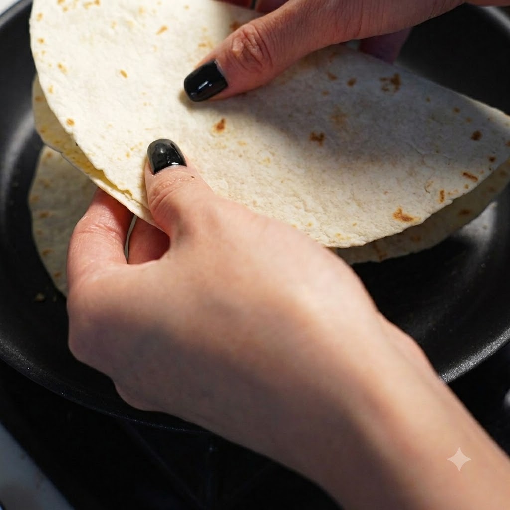 Una quesadilla piegata adagiata in una calda padella nera antiaderente.