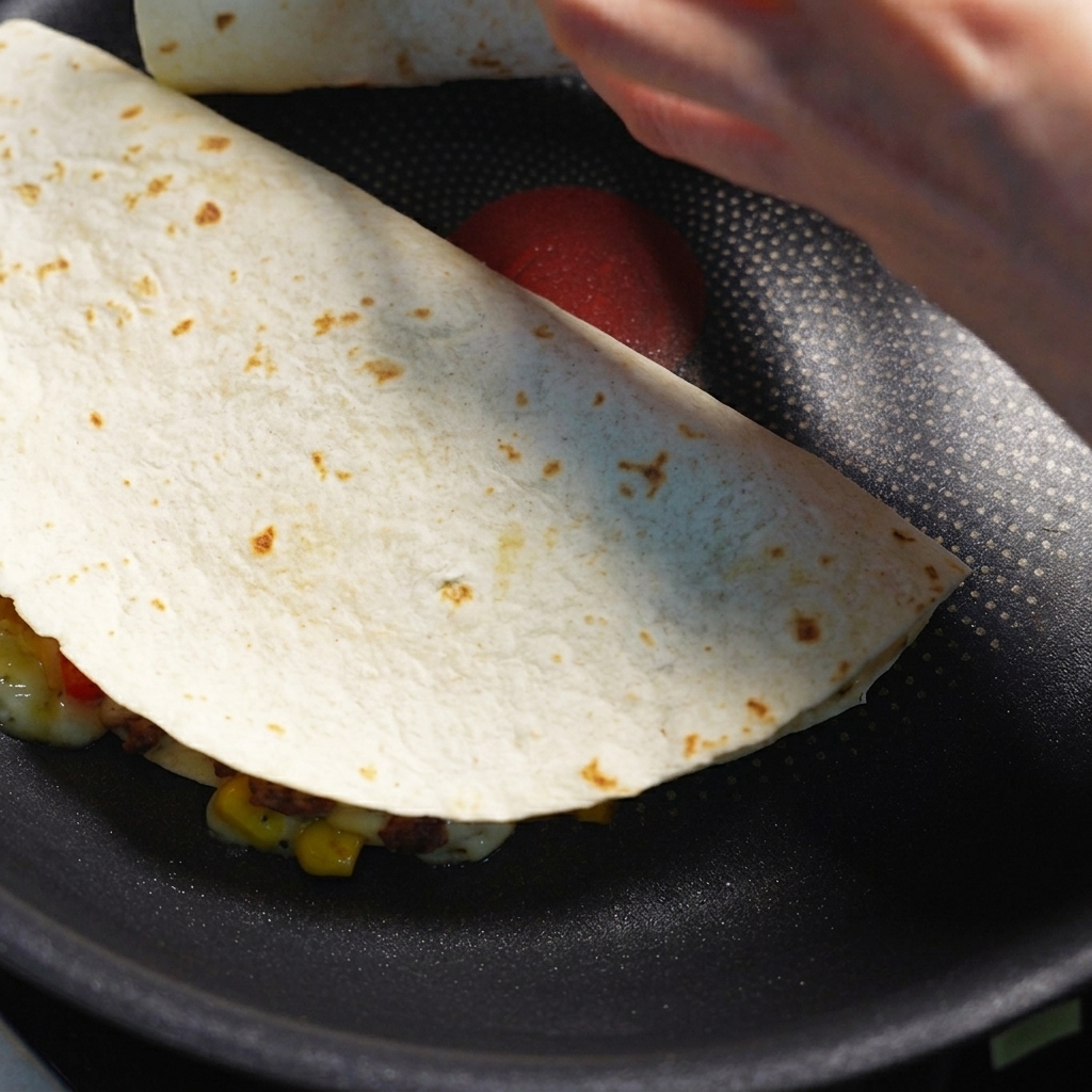Una quesadilla a tortilla piegata che cuoce in una padella scura, girata con una spatola.