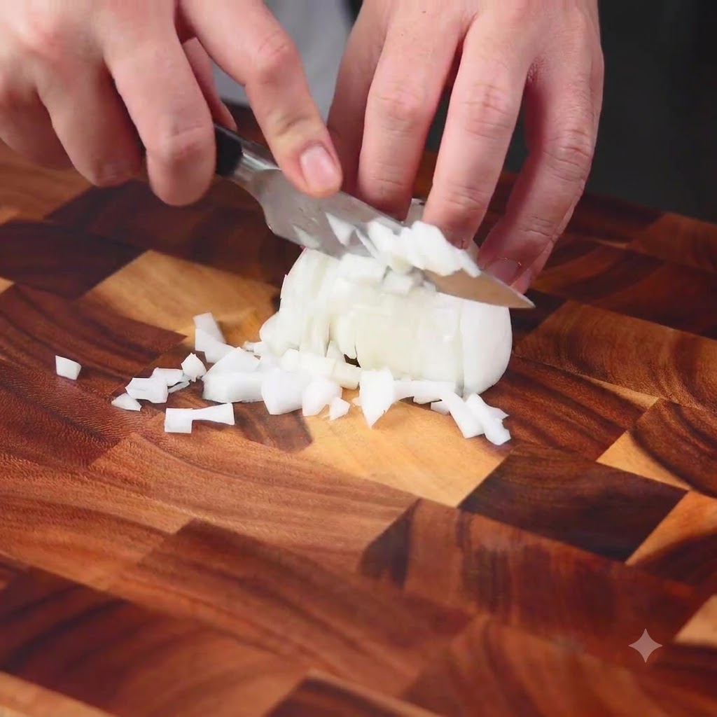 Una cipolla tagliata e ridotta a dadini con attenzione su un tagliere di legno con un coltello da chef.