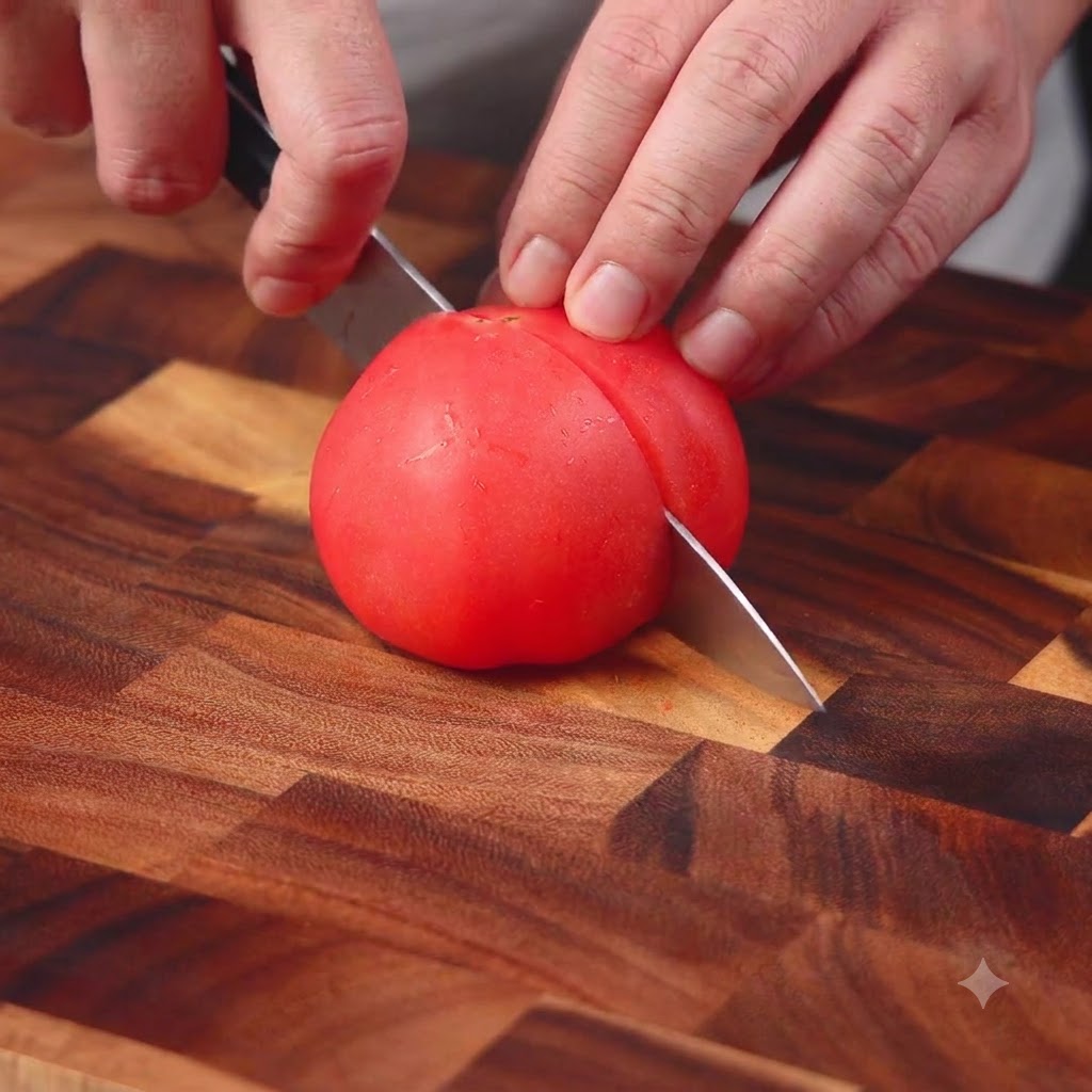 Un pomodoro rosso fresco tagliato a metà su un tagliere di legno.