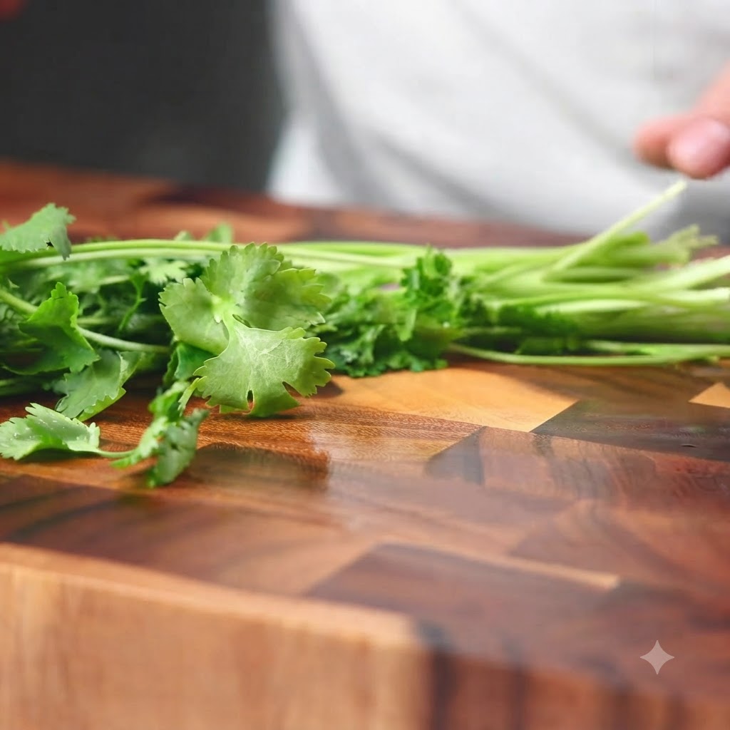 Un mazzetto di coriandolo fresco verde disposto su un tagliere di legno.
