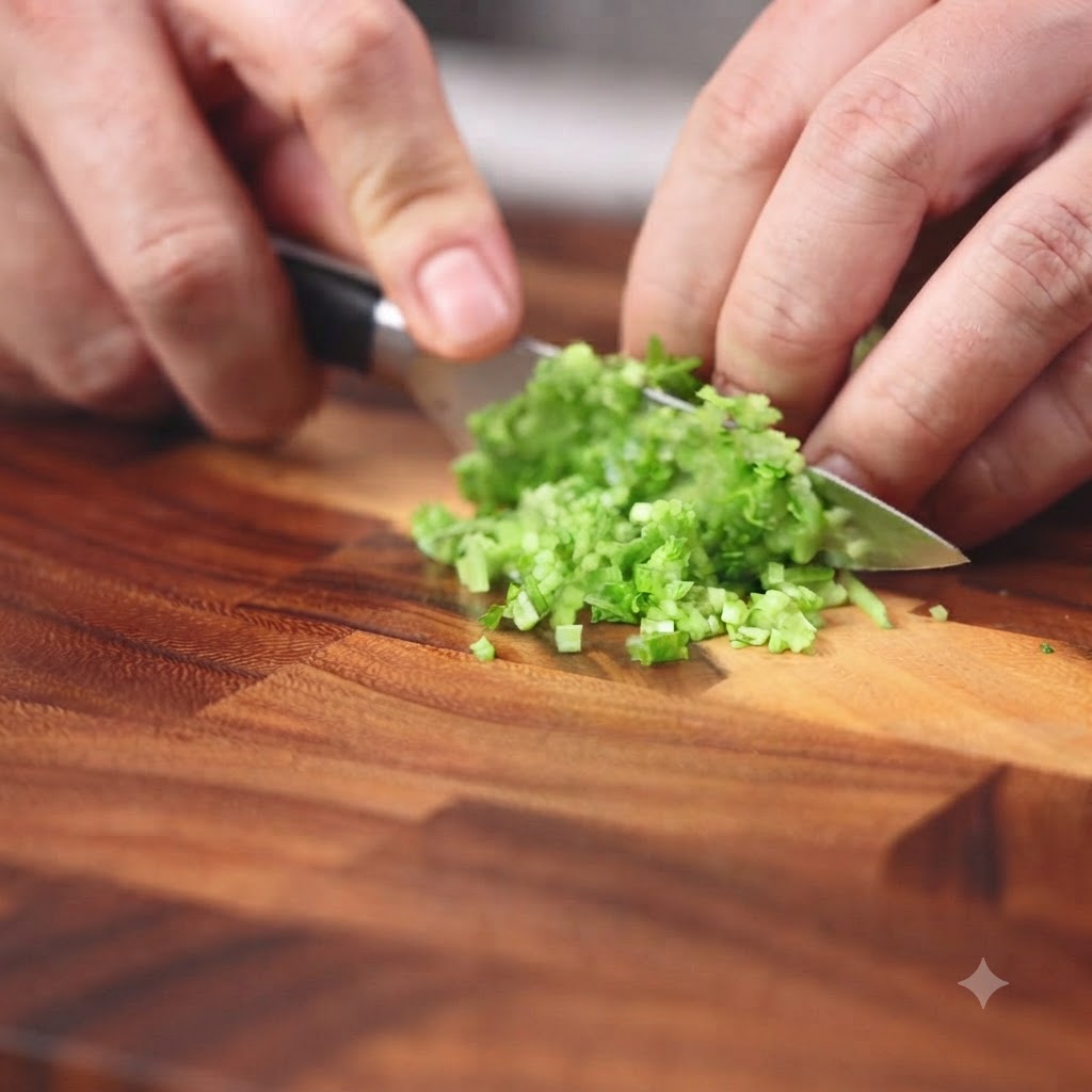 Peperoncini jalapeno verdi tritati finemente su un tagliere di legno.
