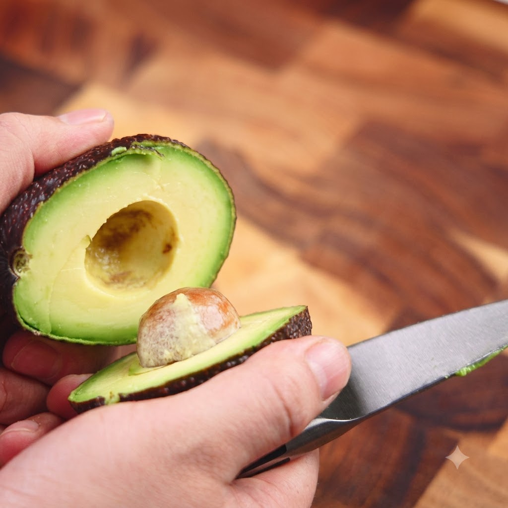 Un avocado tagliato a metà con il nocciolo visibile tenuto sopra una superficie di legno.