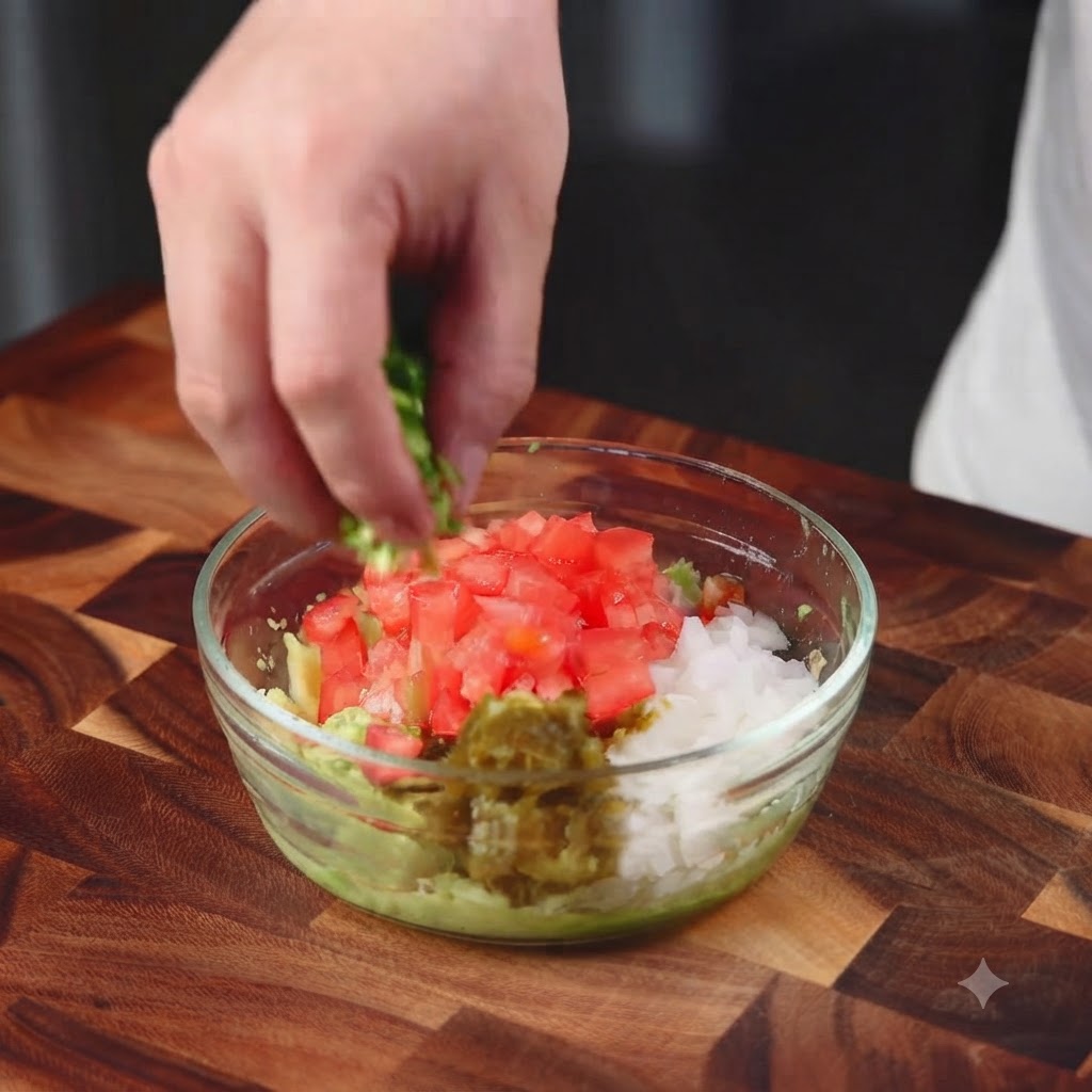 Pomodori, cipolle, coriandolo e jalapenos tritati finemente aggiunti direttamente in una ciotola di vetro contenente avocado schiacciato.