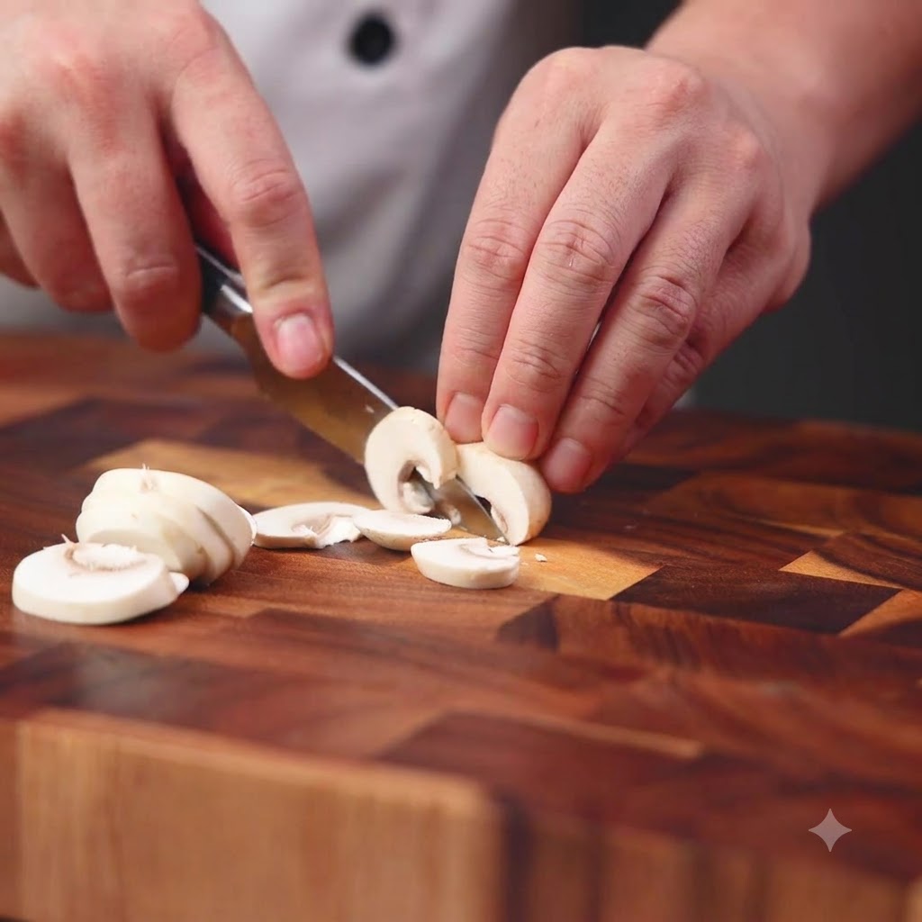 Spicchi daglio tritati in piccoli pezzi con un coltello da cucina su un tagliere di legno.