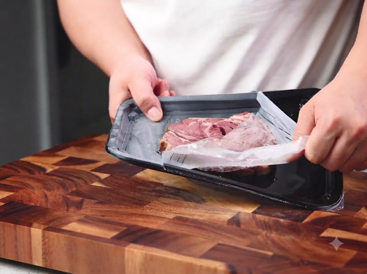 Bistecca cruda in un vassoio nero condita con sale, pepe e olio doliva.