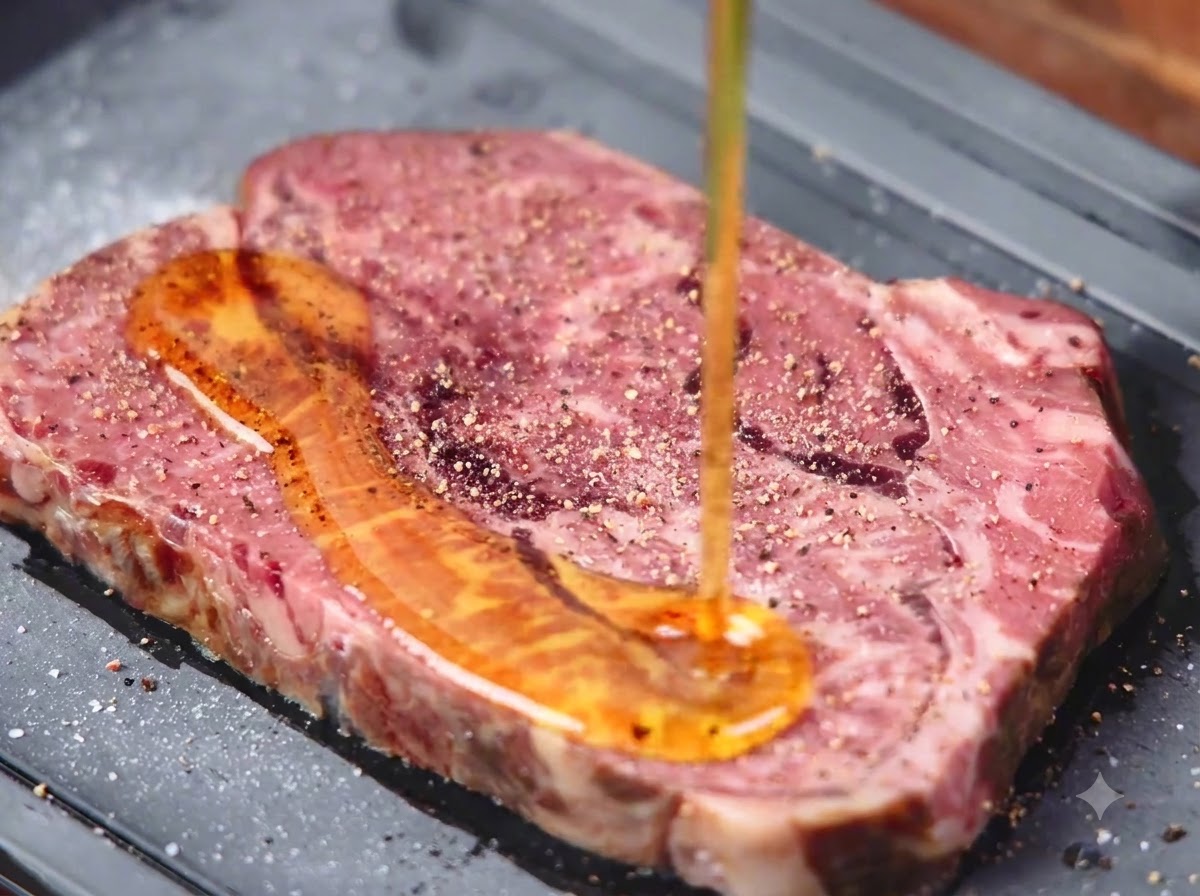 Olio doliva versato su una bistecca cruda e condita su un vassoio.