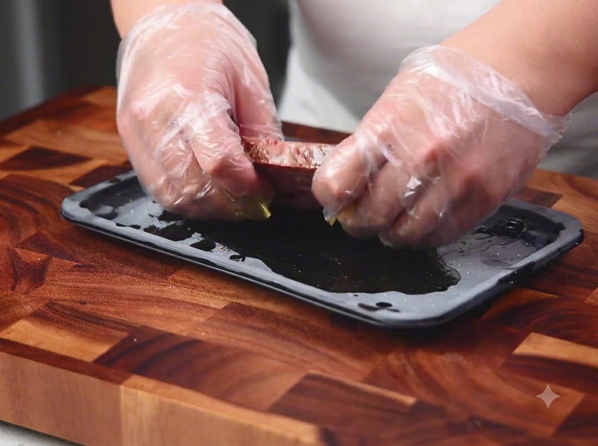Mani con guanti in plastica che massaggiano olio e spezie su un pezzo di bistecca cruda su un vassoio scuro.