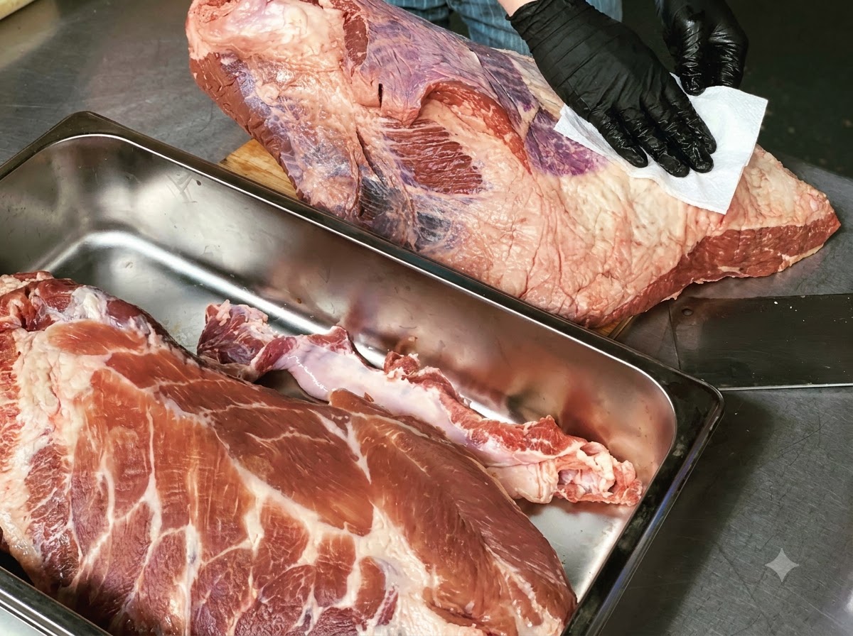 Una coppia di mani guantate che asciugano la superficie di un petto di manzo crudo con carta assorbente bianca dentro una teglia di metallo.