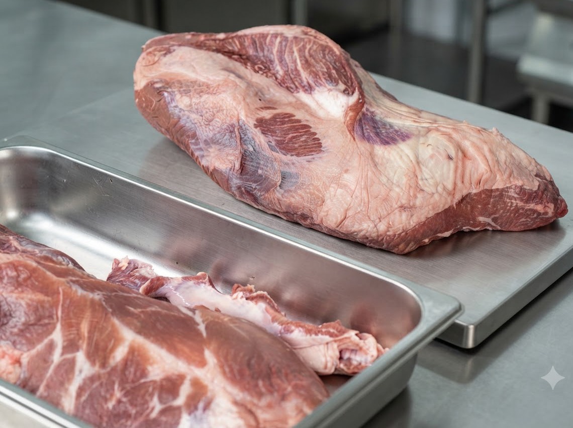 Un petto di manzo crudo appoggiato su una superficie di taglio in metallo con un coltello posizionato vicino, pronto per la rifilatura.