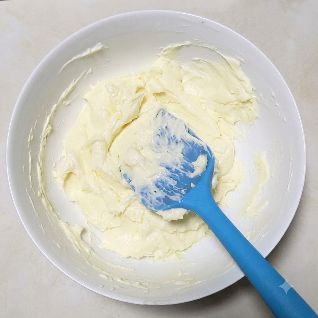 Formaggio spalmabile in una ciotola bianca mescolato con sale e zucchero usando una spatola blu.