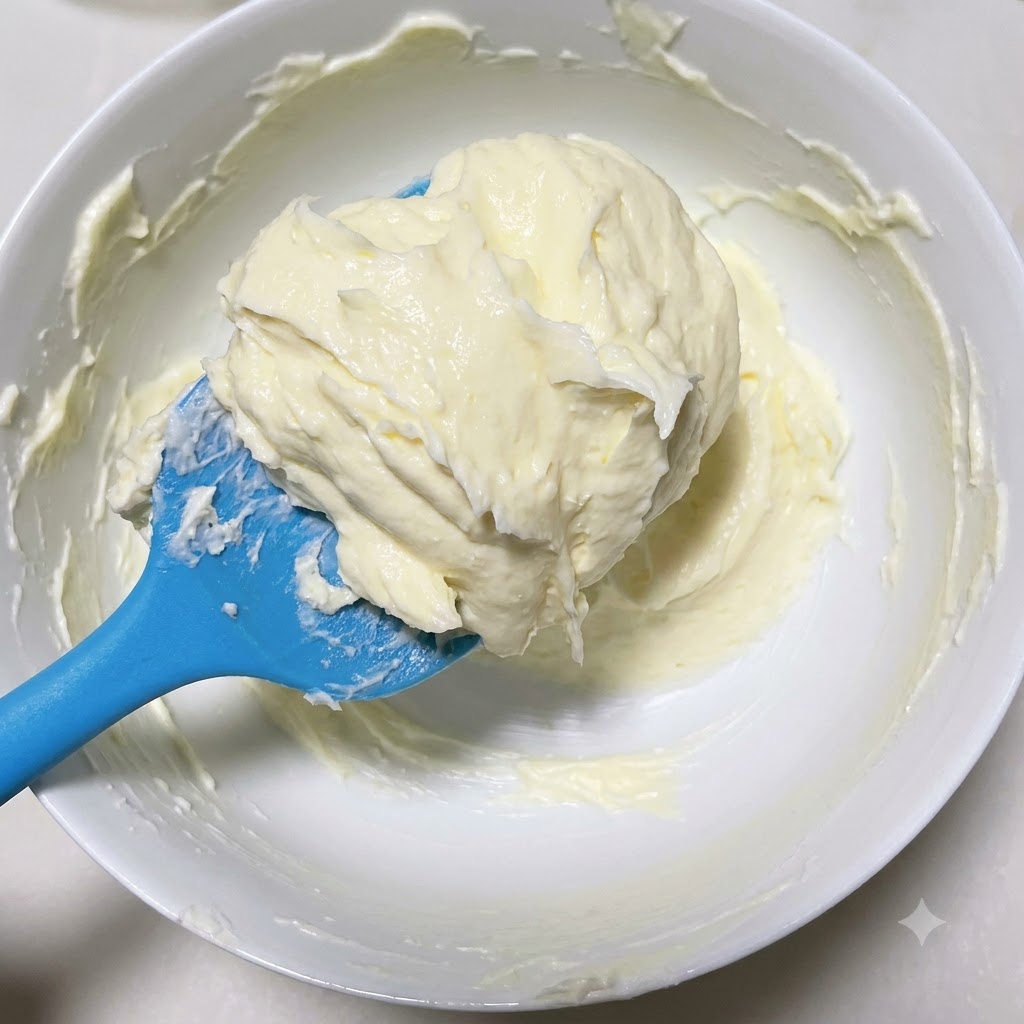 Il composto di formaggio spalmabile mescolato continuamente fino a diventare completamente liscio e uniforme.