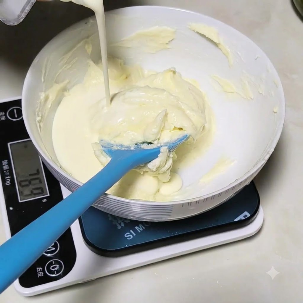 Panna fresca versata da un cartone nella ciotola con il formaggio spalmabile.