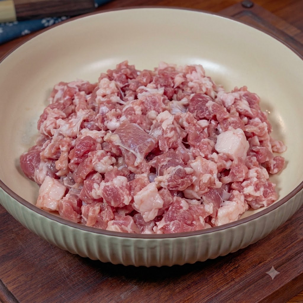Una ciotola di carne macinata fresca sormontata da un piccolo mucchietto di cipollotti tritati, zenzero, sale e brodo di pollo.