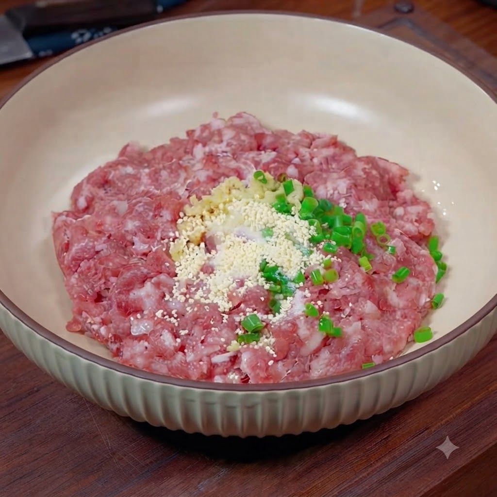 Composto di carne macinata con tredici spezie, salsa di soia chiara, salsa di ostriche e amido ammucchiati al centro.