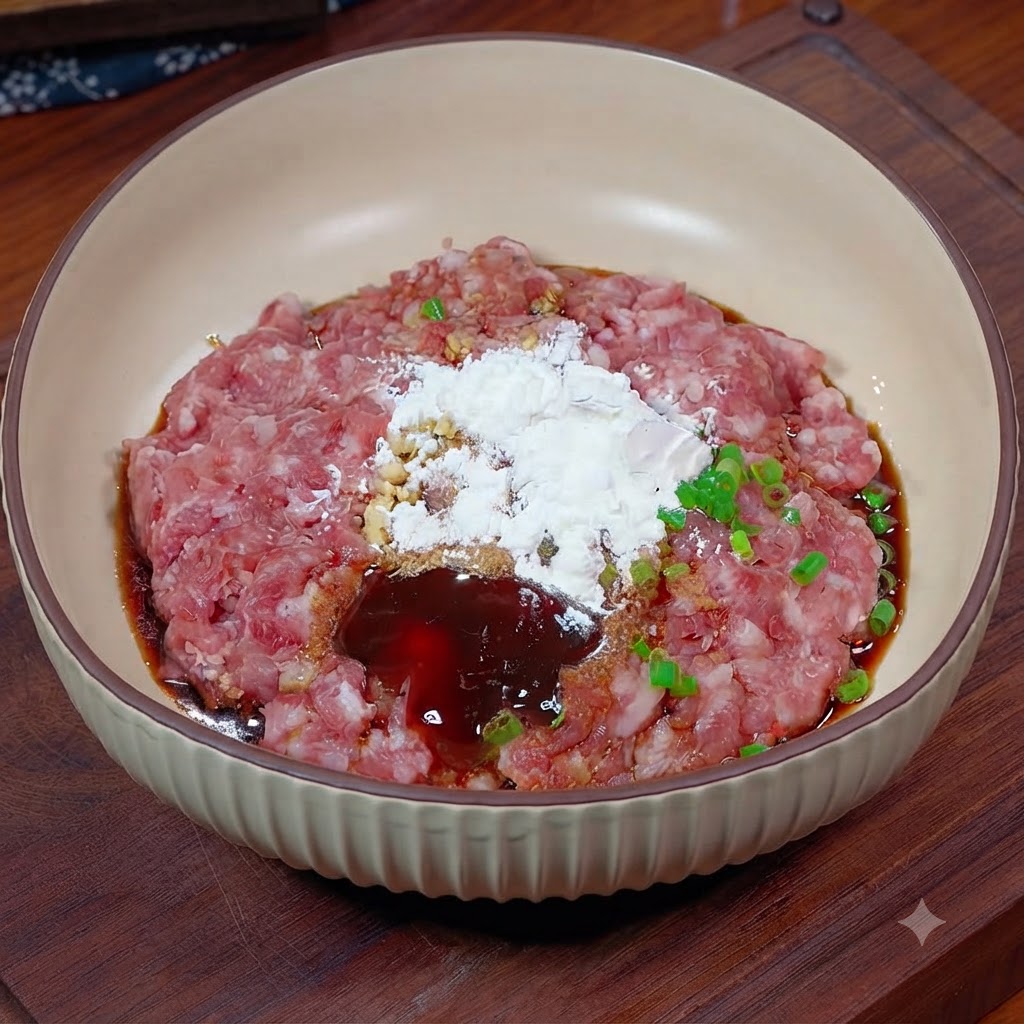 Una persona che mescola accuratamente la carne macinata condita e gli ingredienti della salsa allinterno di una ciotola usando le bacchette.