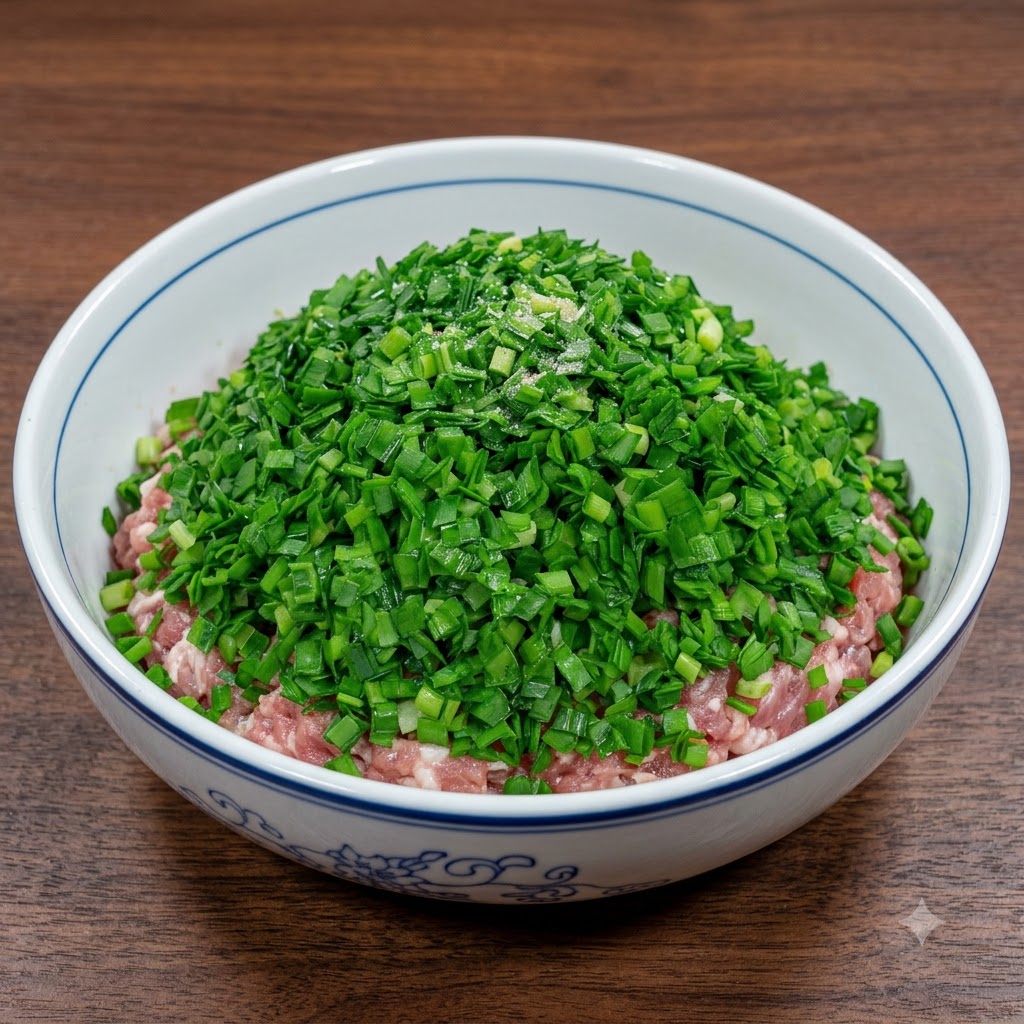 Una ciotola grande riempita con un mucchio di erba cipollina verde tritata adagiata sopra la carne macinata condita.