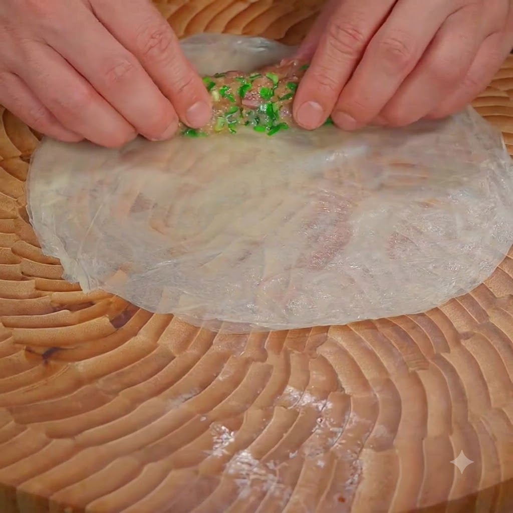 Mani che arrotolano strettamente un foglio cotto a vapore attorno a un ripieno di carne ed erba cipollina su un tagliere di legno.