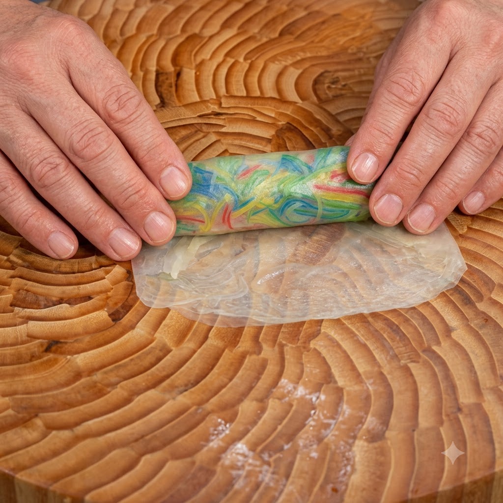 Mani che spennellano luovo sbattuto sul bordo di un foglio di involtino primavera arrotolato.