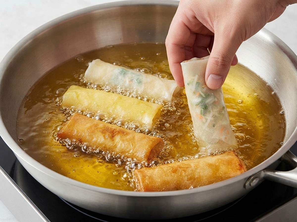 Involtini primavera fritti in una padella in acciaio inossidabile piena di olio caldo, con involtini dorati e croccanti visibili.