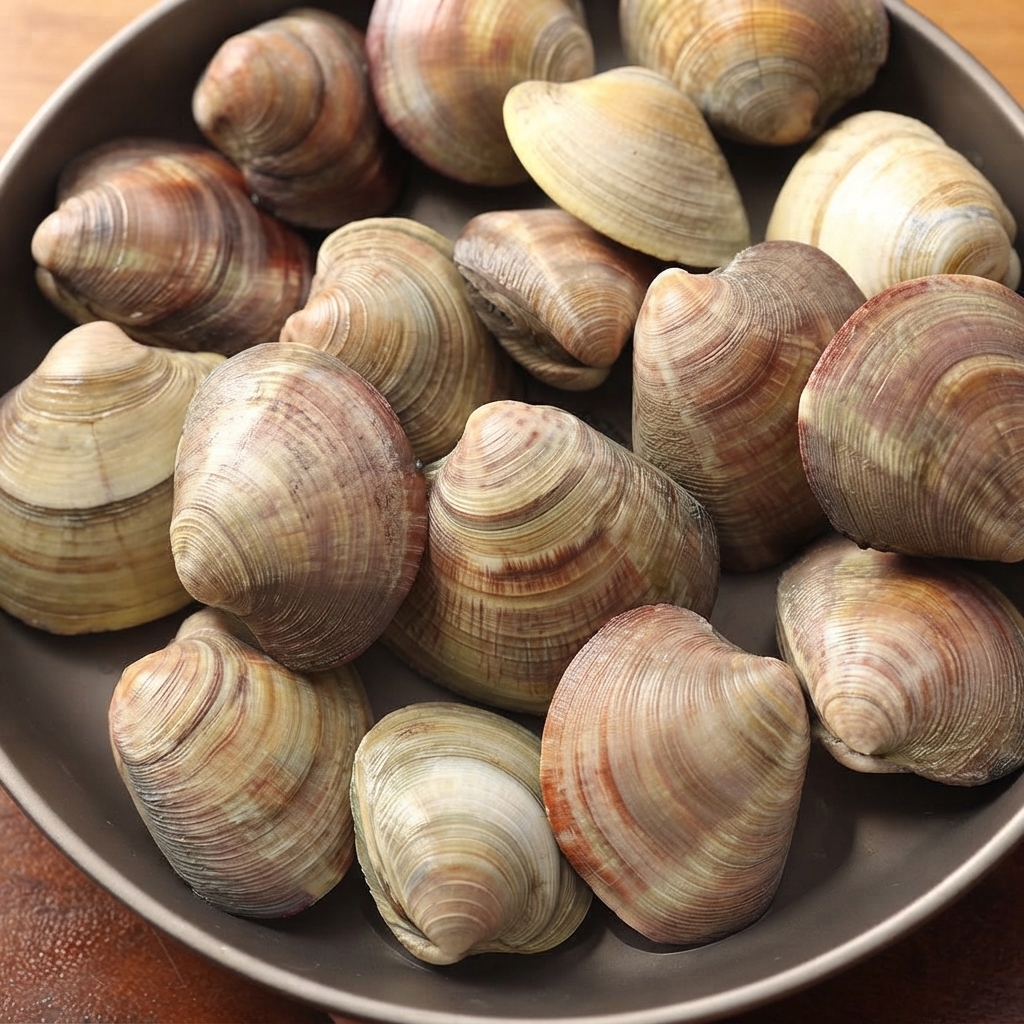 Vongole veraci americane fresche disposte in un piatto da portata scuro.