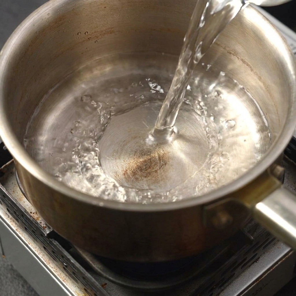 Acqua che viene versata in una pentola di acciaio inossidabile sul piano cottura.