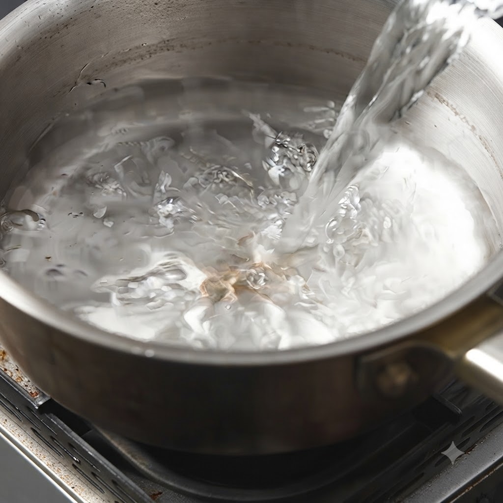 Vino bianco che scorre in una pentola piena dacqua.