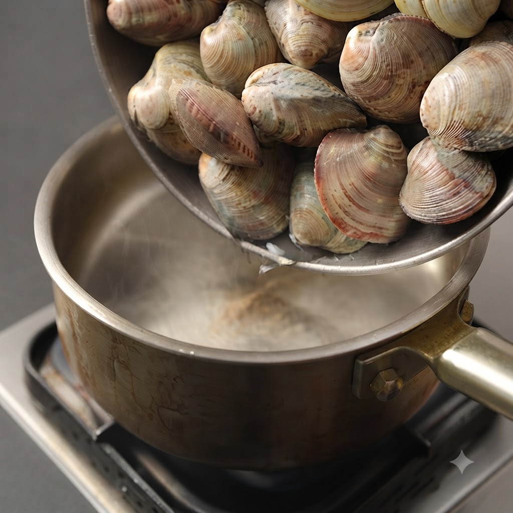 Vongole che vengono versate da un piatto nella pentola di cottura.