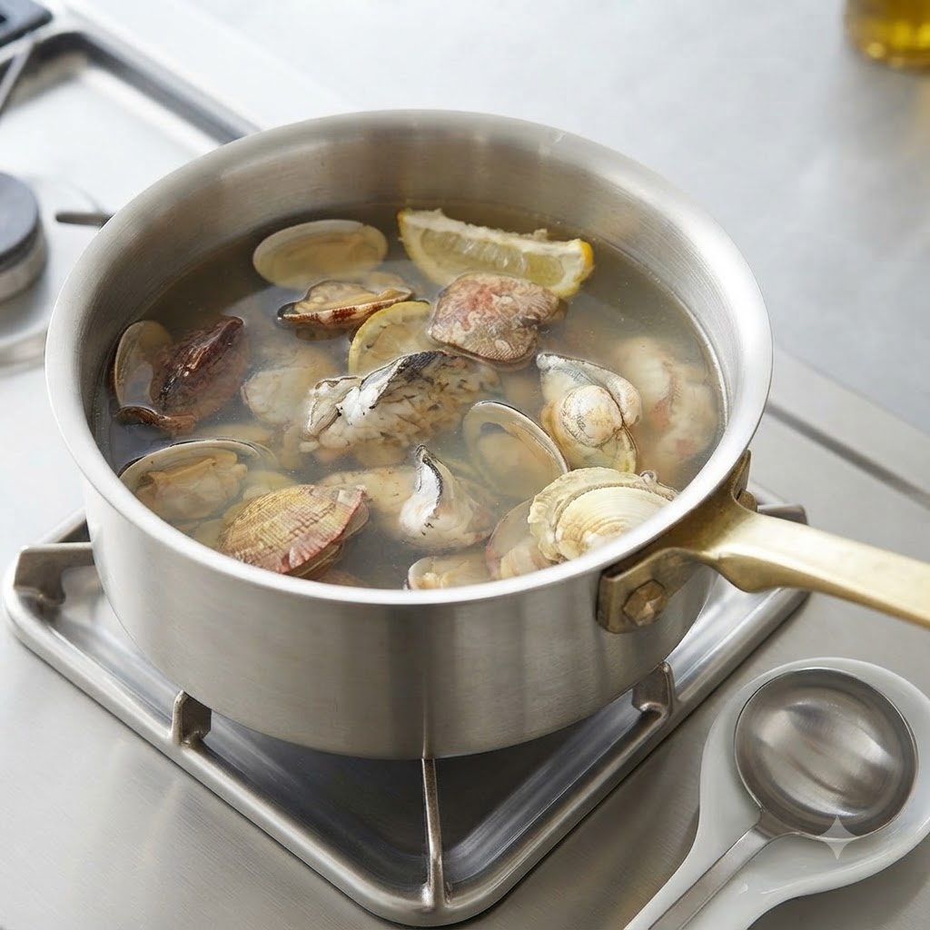 Vongole che bollono nel brodo condito allinterno di una pentola sul fuoco.