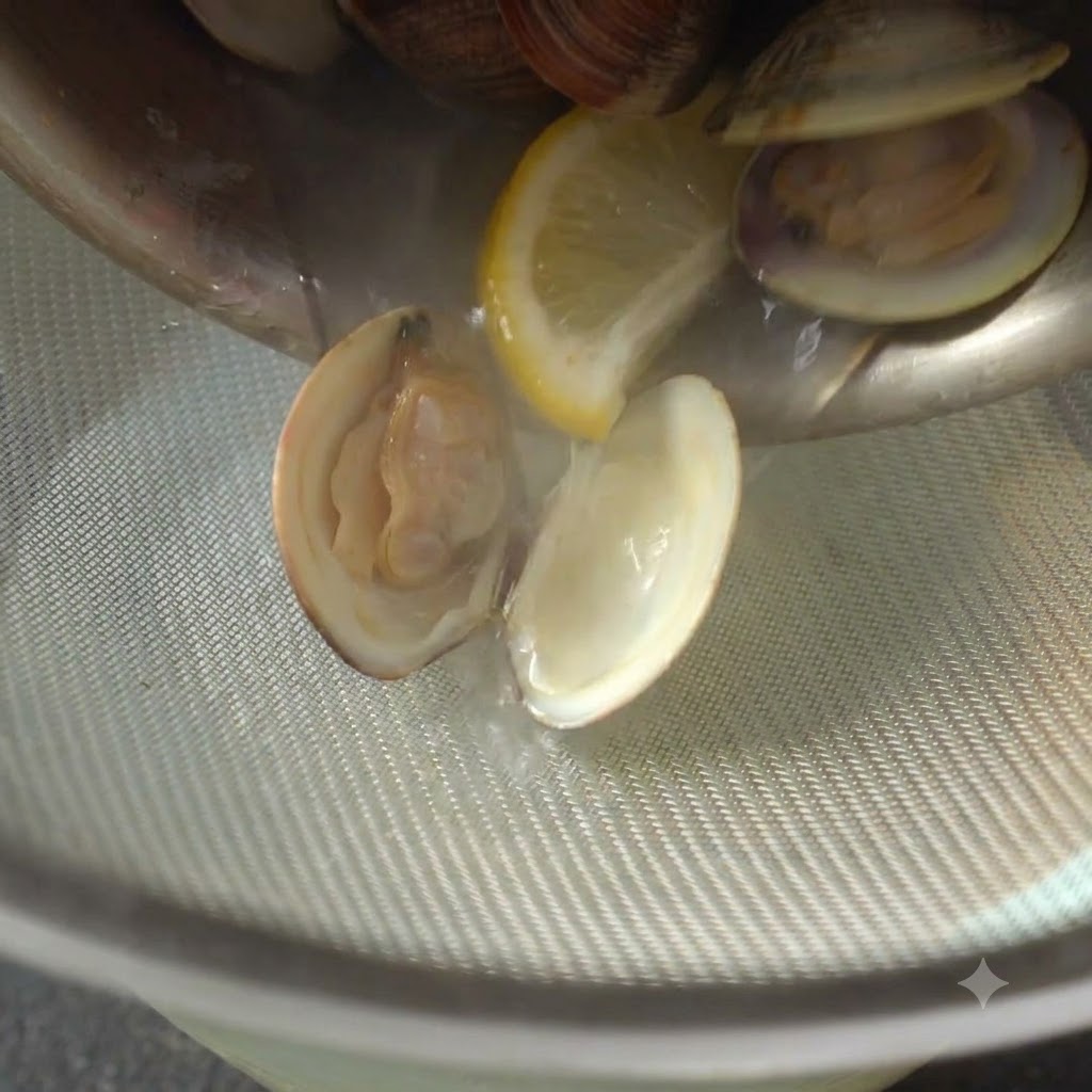 Un colino che trattiene le vongole cotte e una fettina di limone mentre il liquido passa in una ciotola sottostante.