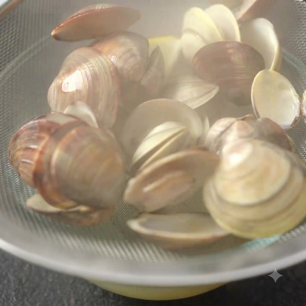 Una vista ravvicinata di vongole bollite adagiate in un colino a maglia, pronte per lestrazione della polpa.