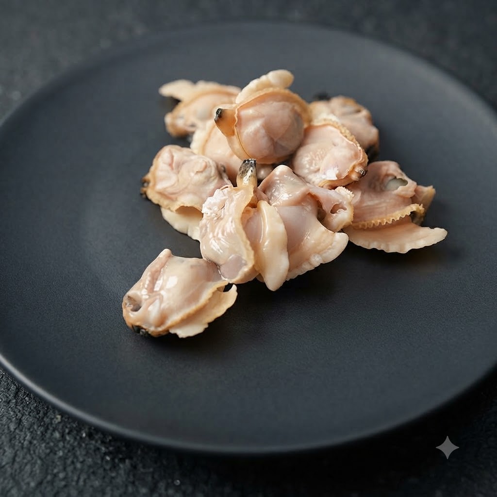 Un mucchietto di polpa di vongole sgusciate adagiato su un piatto di ceramica nero opaco.