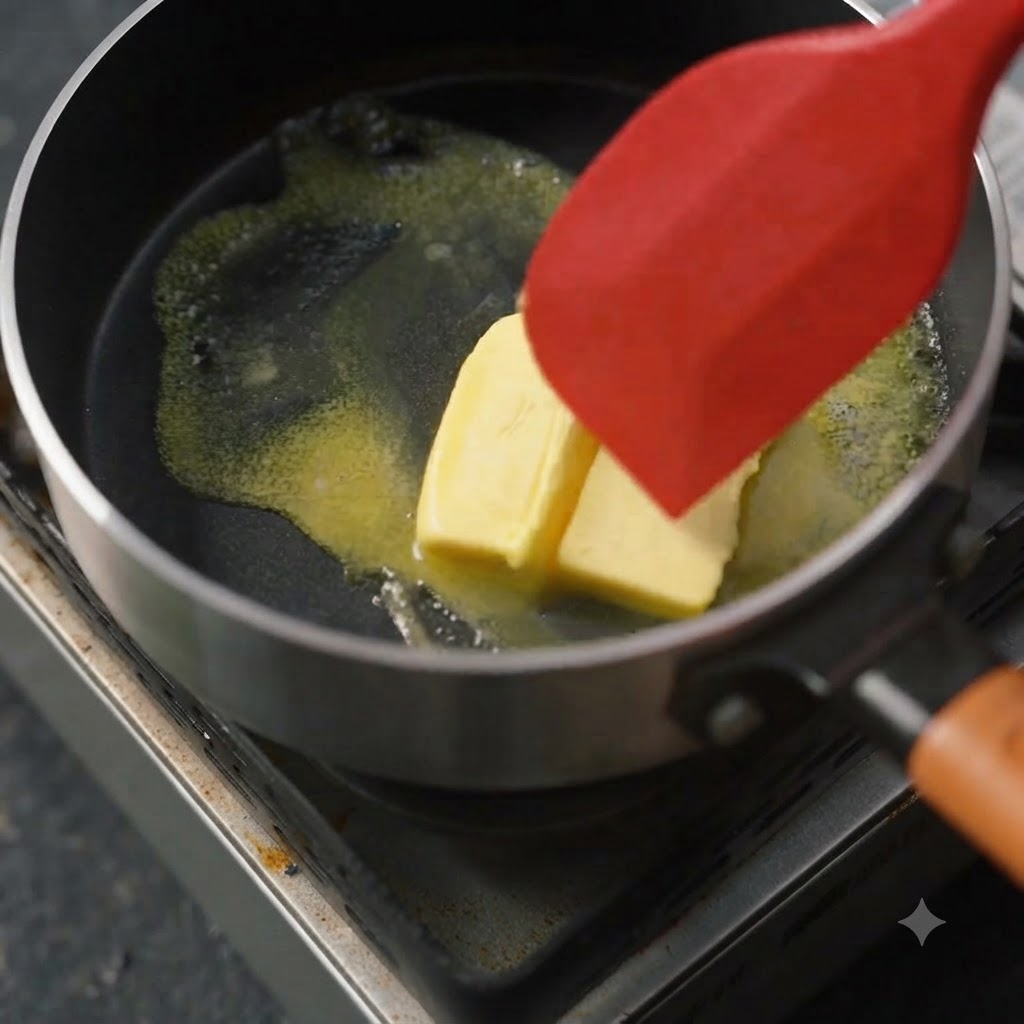 Due blocchi di burro giallo che si sciolgono in una padella nera guidati da una spatola in silicone rosso.