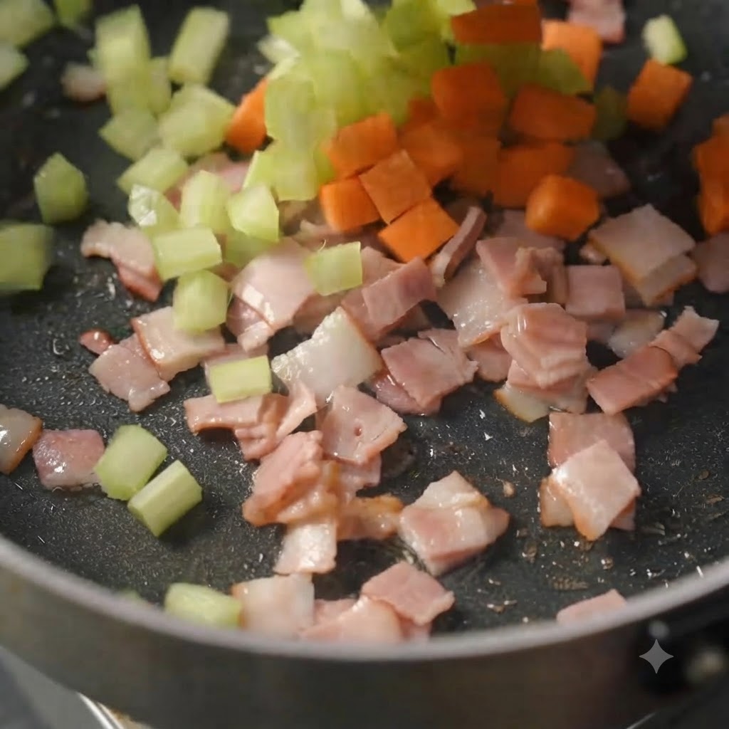 Cubetti di sedano verde e carota arancione mescolati con la pancetta mentre il liquido inizia a combinarsi nella padella.