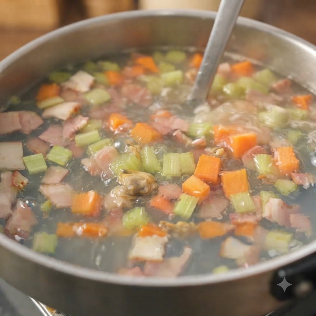 Una grande pentola riempita con un composto di zuppa in ebollizione di verdure, pancetta e brodo mescolato con un mestolo.