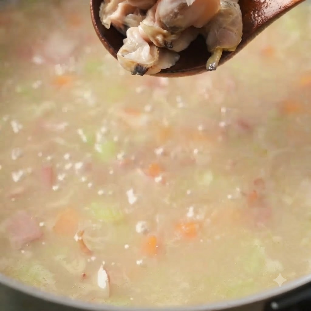 Un cucchiaio di legno che fa cadere la tenera polpa di vongole in una pentola di chowder bollente e cremosa.