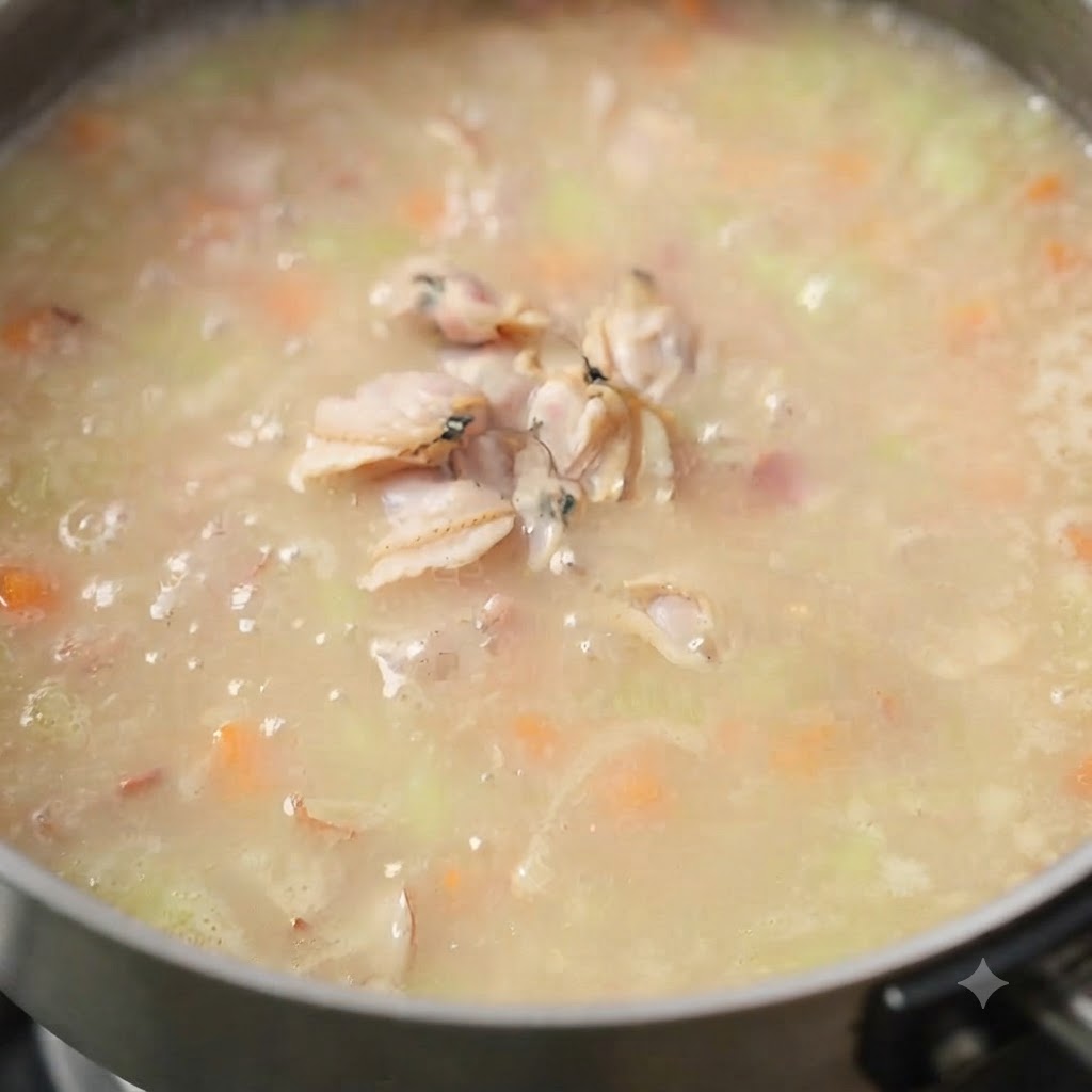 Panna fresca che si mescola nella pentola della zuppa in ebollizione.
