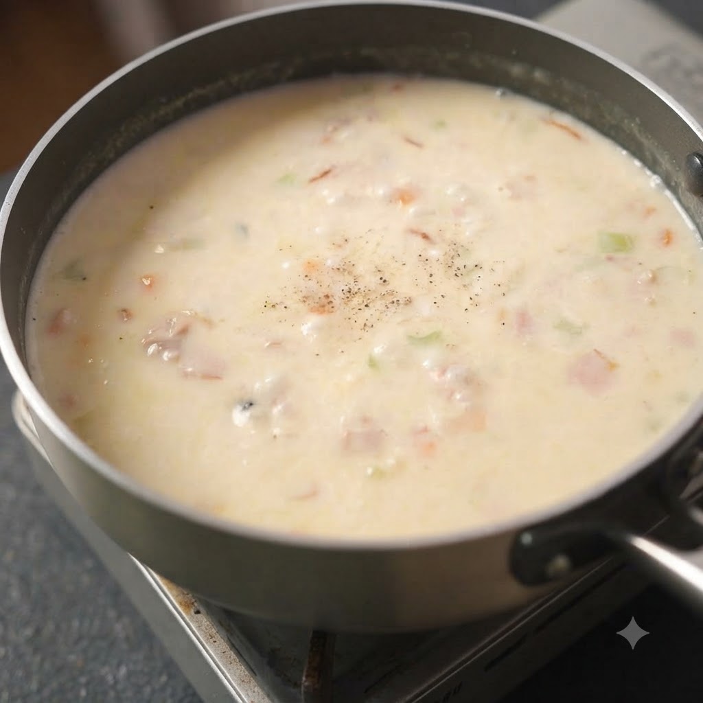 Chowder cremosa che viene mescolata accuratamente in una pentola da cottura.