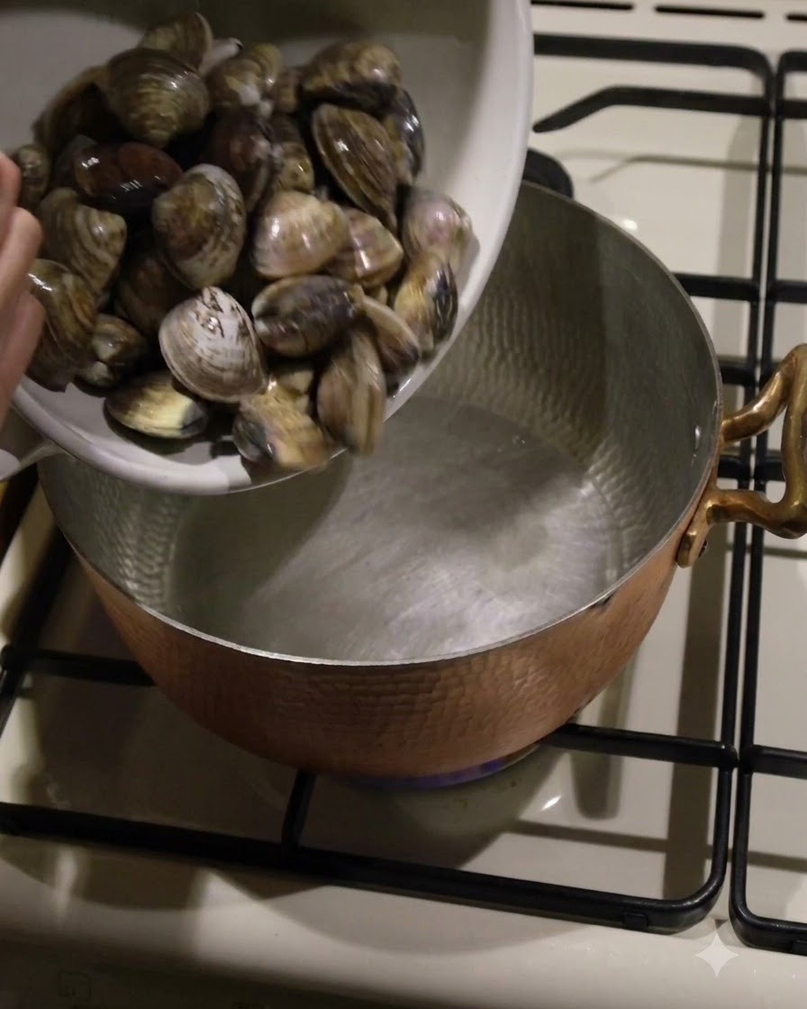 Vongole fresche svuotate da una ciotola bianca in una pentola di rame martellato su un fornello.