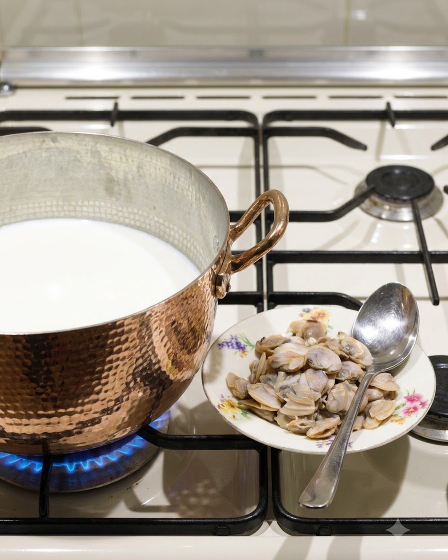 Un cucchiaio forato che aggiunge la carne di vongola in una pentola di rame piena di latte su un fornello a gas acceso.