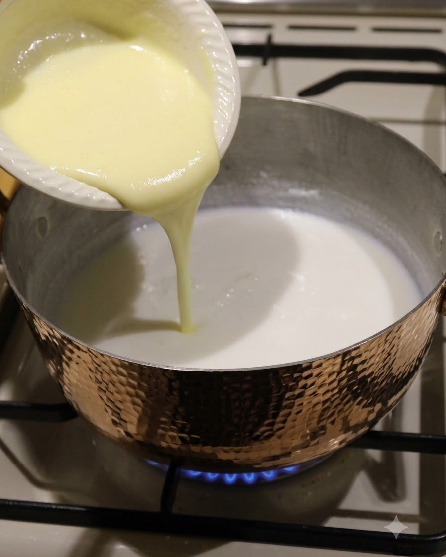 Una crema liscia versata da un piccolo piatto bianco in una pentola con liquido bianco su una stufa.