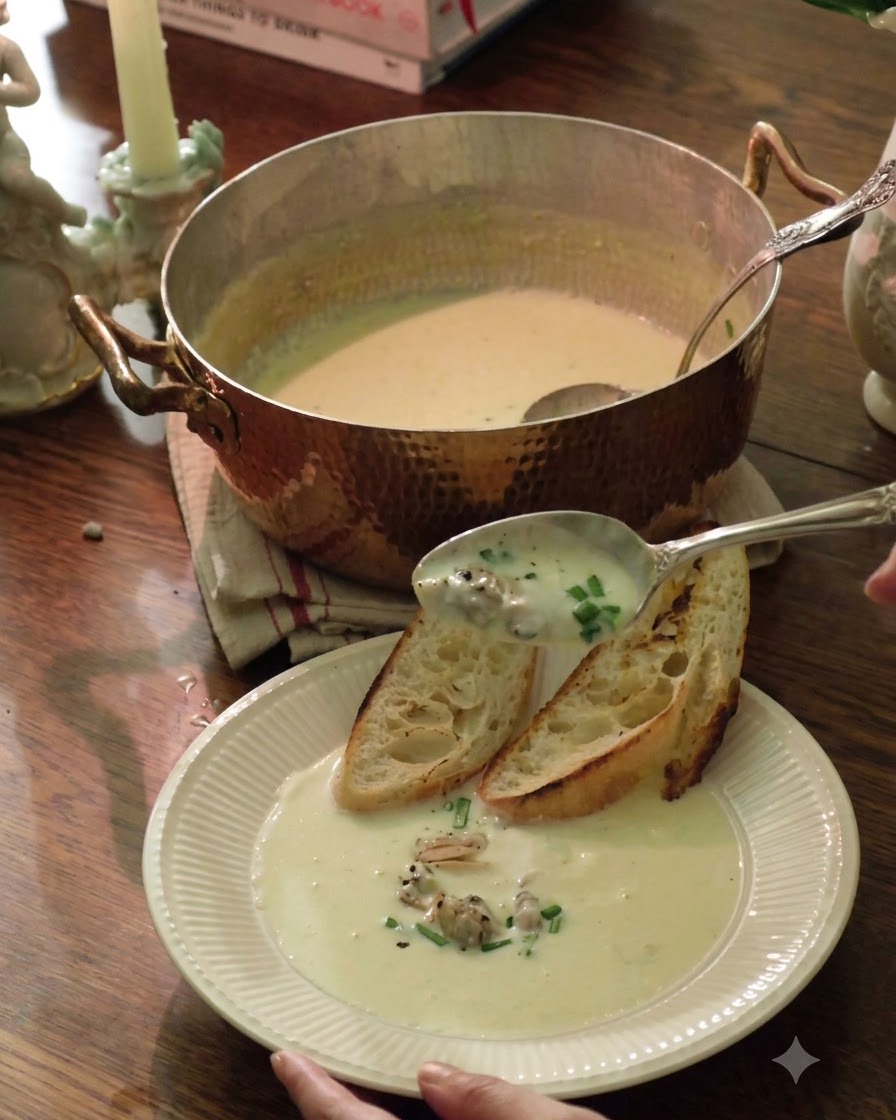 Zuppa cremosa in una pentola di rame servita su pane tostato in una ciotola bianca guarnita con erbe.
