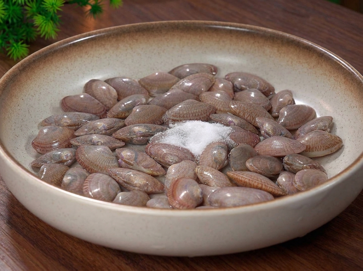 Vongole fresche in ammollo in una ciotola dacqua con sale cosparso sopra.