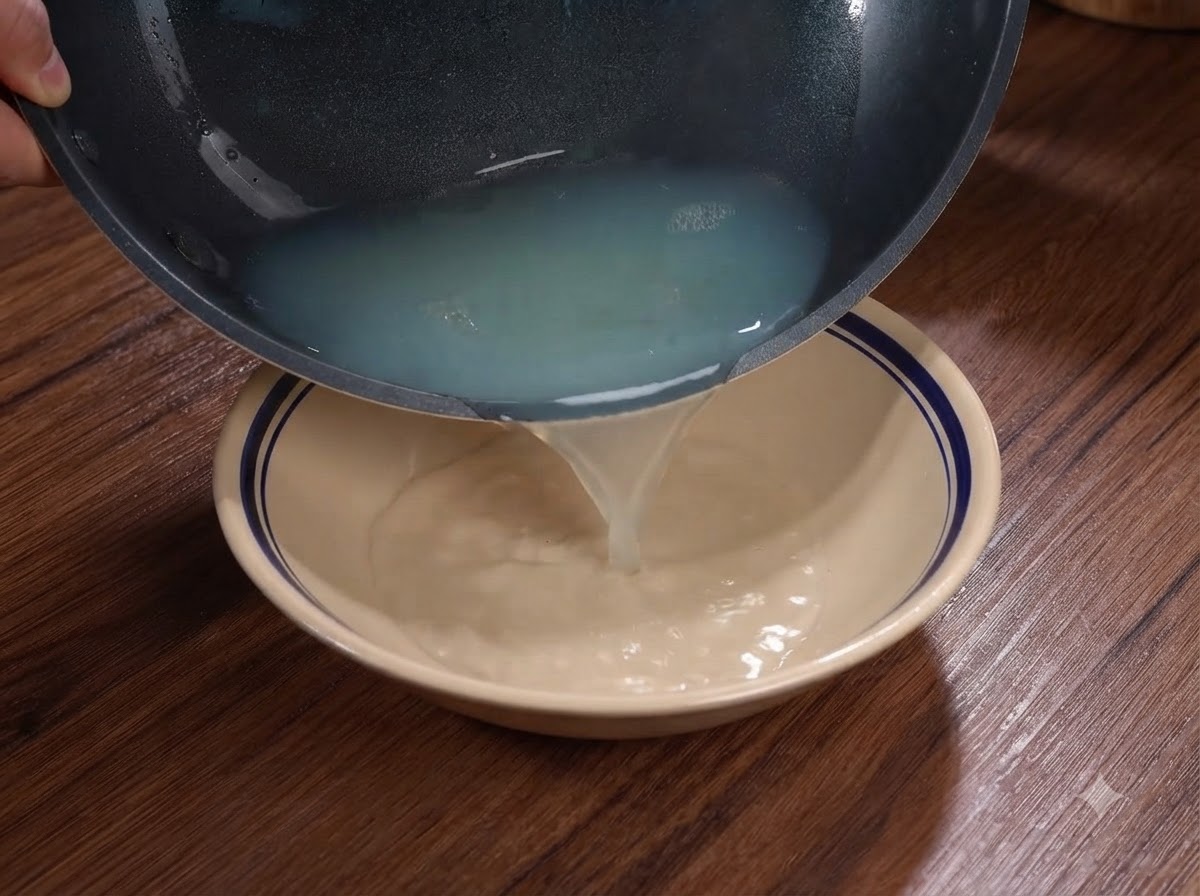 Brodo di vongole torbido versato da un wok in una ciotola di ceramica.