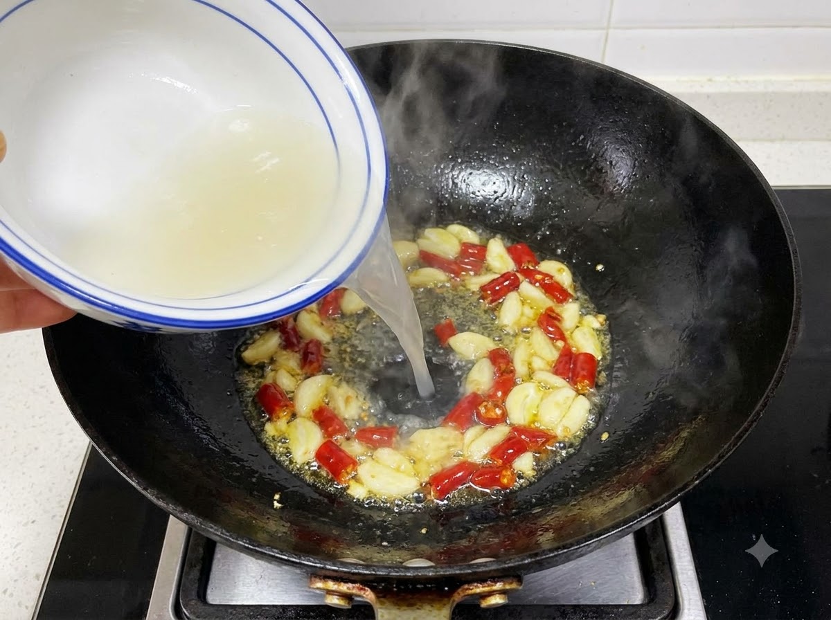 Liquido versato in un wok contenente aglio e peperoncini fritti.
