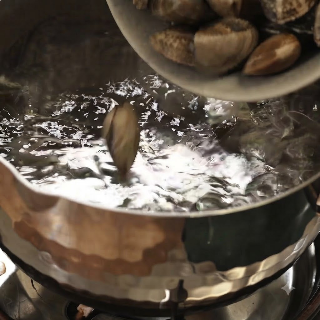 Vongole fresche versate in una pentola di acqua bollente su un fornello.