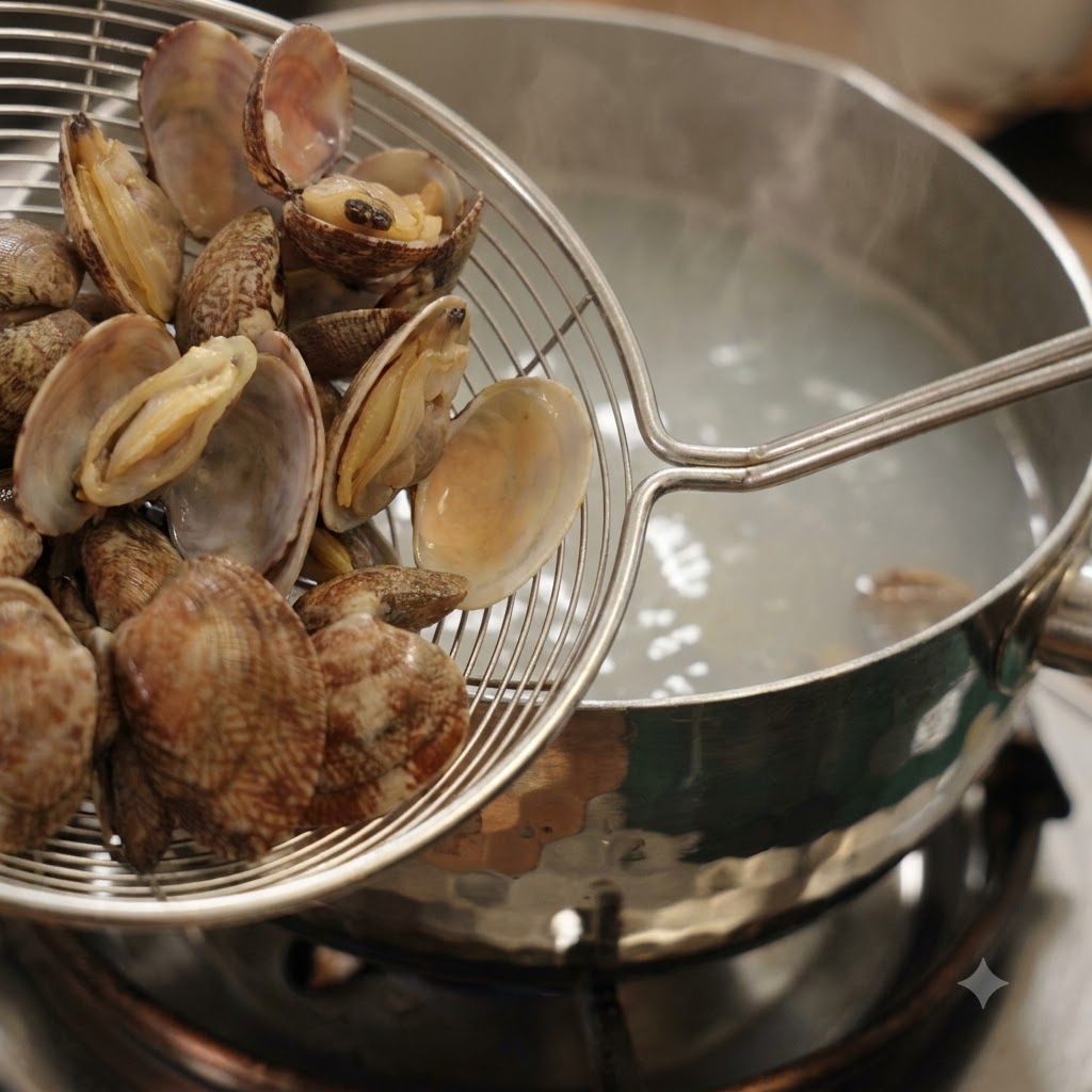 Gusci di vongole e carne raccolti dallacqua bollente con un colino a maglia fine.