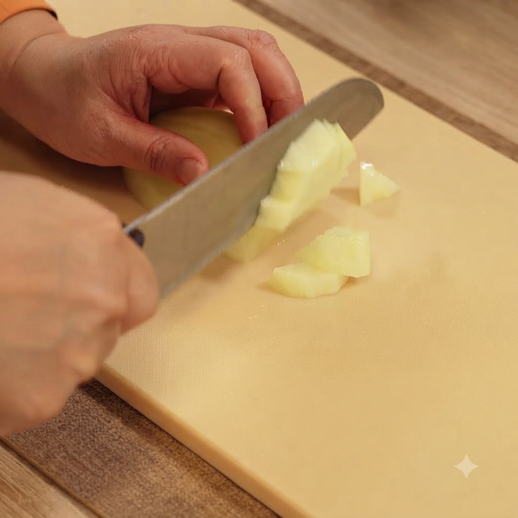 Un coltello da cucina che affetta una patata a piccoli cubetti su un tagliere beige.
